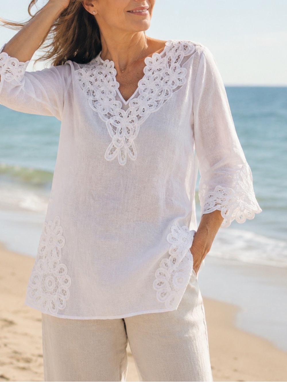Chico’s White Linen Blend Doily Detail Tunic Blouse
